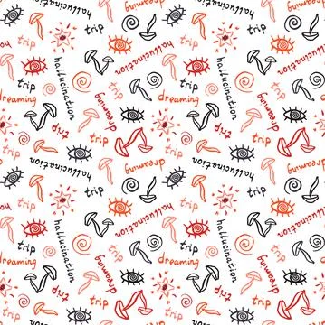 Psycho mushrooms seamless pattern with lettering Illustrazione stock