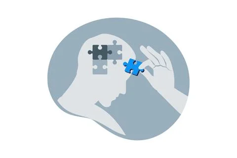 Psychologic therapy session concept. Helping hand adds missing jigsaw puzzle  Stock Illustration