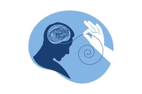 Psychologic therapy session concept. Helping hand unravels the tangle of thou Stock-Illustration