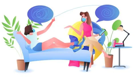 Psychologist in mask solving psychological problem in tangled brain Illustrazione stock
