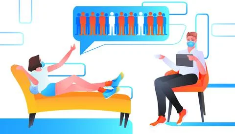 Psychologist in mask solving psychological problem of woman patient with chat Stock Illustration