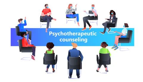 Psychologist solving psychological problem of mix race patients in masks 스톡 일러스트
