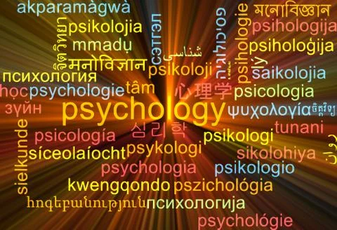 Psychology multilanguage wordcloud background concept glowing Stock Illustration