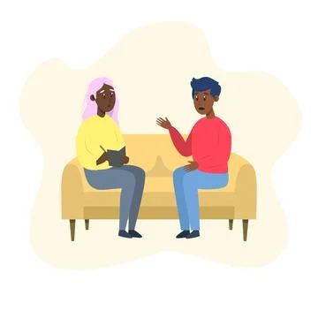 Psychotherapy session - black man talking to psychologist sitting on sofa Stock Illustration