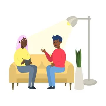 Psychotherapy session - black man talking to psychologist sitting on sofa Illustrazione stock