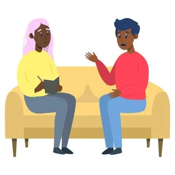 Psychotherapy session -black man talking to psychologist sitting on sofa. Mental Stock Illustration