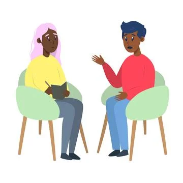 Psychotherapy session - black man talking to psychologist sitting on chair Stock Illustration