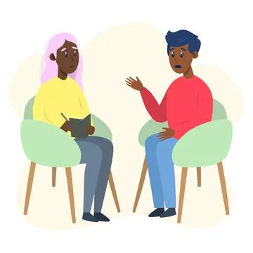 Psychotherapy session - black man talking to psychologist sitting on chair Stock Illustration