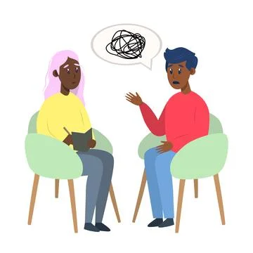 Psychotherapy session - black man talking to psychologist sitting on chair Stock Illustration