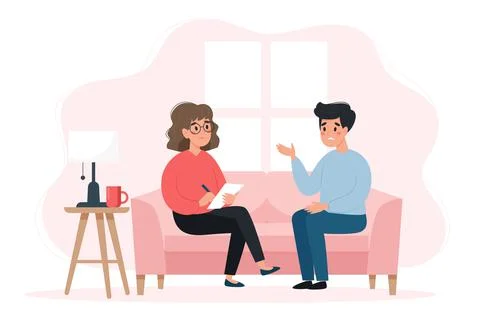 Psychotherapy session - man talking to psychologist sitting on sofa. Mental Illustration