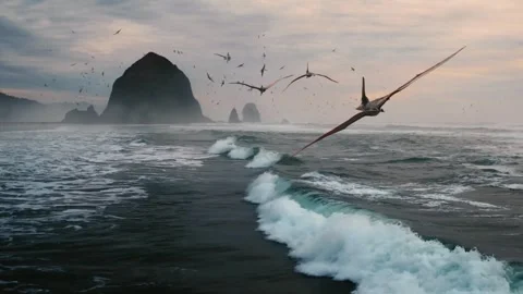 Pteranodon reptiles fly Over Ancient Seas, prehistoric Cretaceous Era Stock Footage 255595191