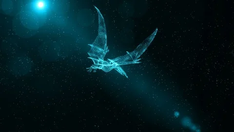 Pterodactyl, prehistoric extinct bird flying through particles, fantasy scene Stock Footage 85639028