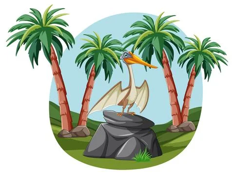 Pterodactyl in Prehistoric Jungle Stock Illustration