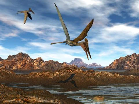 Pterodactylus flying upon water - 3D render Stock Illustration