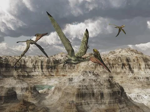 Pterosaur Pterodactylus flying over a mountain landscape Illustrazione stock