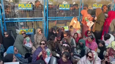 PTI opposition leaders protest outside Adiyala prison, demanding a meeting with  Stock Footage 324819872