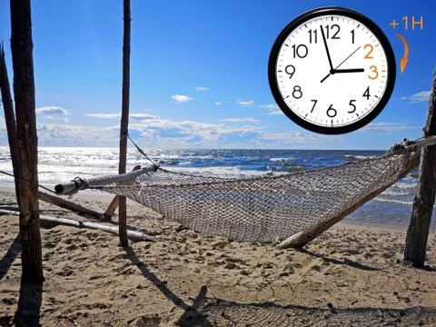 Ptr Daylight Saving Time (DST). Blue sky with white clouds and clock. Turn ti Stock Photos
