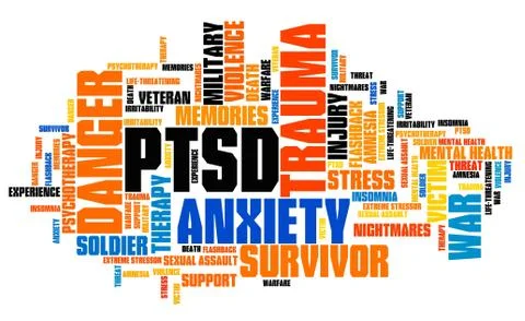PTSD - post traumatic stress disorder. Mental health problem. Word cloud sign Illustrazione stock