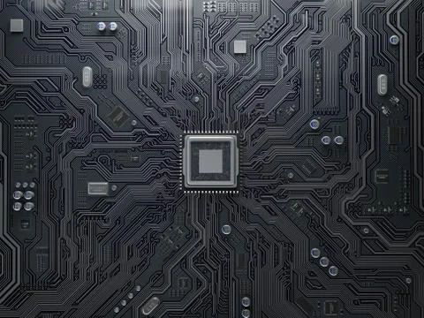 PU chip on circuit board. Black motherboard with central processor chip. Comp Stockillustratie
