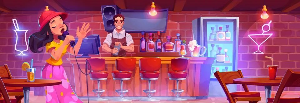 Pub bar interior with bartender and singer Stock Illustration