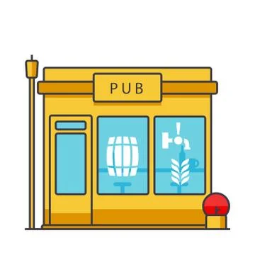 Pub building flat line illustration, concept vector isolated icon Ilustración de archivo