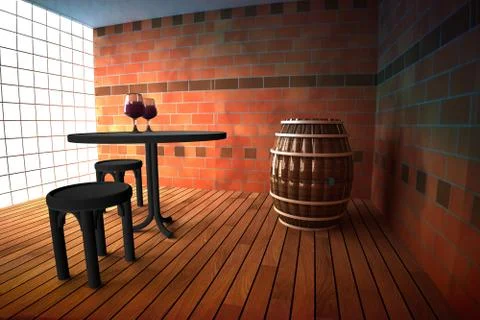 Pub interior with barrel and table Illustrazione stock
