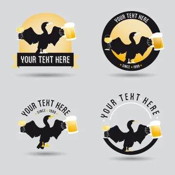Pub logo design with a cormorant keeping a glass of wine and a mug of beer Stock Illustration