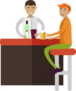 Pub visitor and bartender characters vector icon isolated on white Stock Illustration