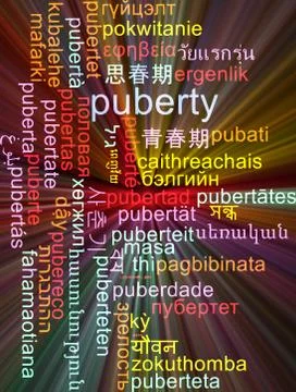 Puberty multilanguage wordcloud background concept glowing Stock-Illustration