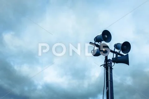 Public Address Speakers mounted on Pole, Leyton, East London, England Stock Photos