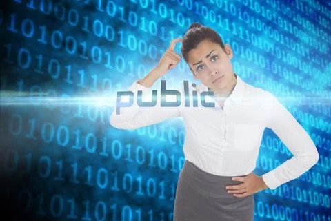 Public against shiny blue binary code on black background Stock Illustration