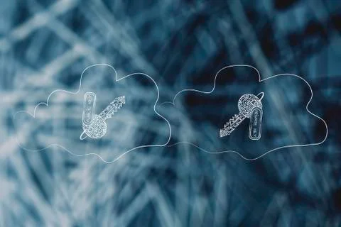 Public and private encryption keys made of electronic circuits into 2 clouds Illustrazione stock