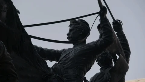 Public Art War Statue Soldier Detail in Cleveland, OH Pan Left to Horse Stock Footage 89944954