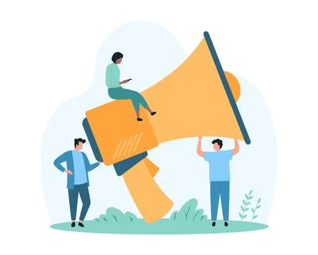 Public attention for megaphone speech, tiny people announce loud message to 스톡 일러스트
