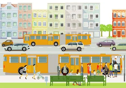 Public bus on the bus stop with passengers illustration Stock Illustration