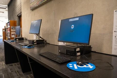 Public computer workstations inside Toronto Public Library. Toronto, Canada - Stock Photos