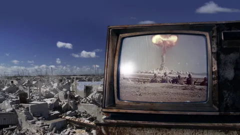 Public Domain Nuclear Test on Retro TV, Abandoned City, 4K Stock Footage 311132166
