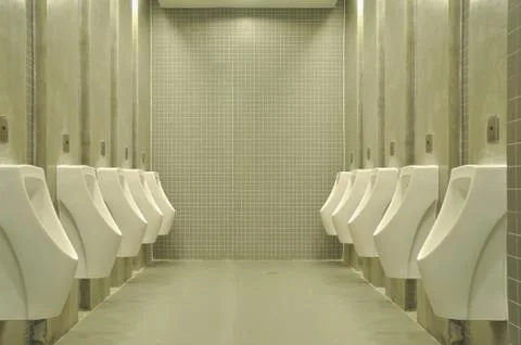 Public empty restroom with gray ceramic wall. Stock Photos