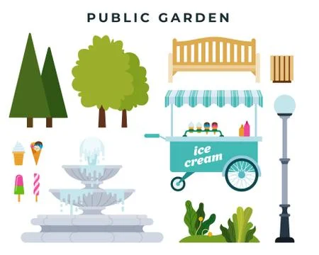 Public garden or park constructor. Set of different park elements trees, bushes Stock Illustration