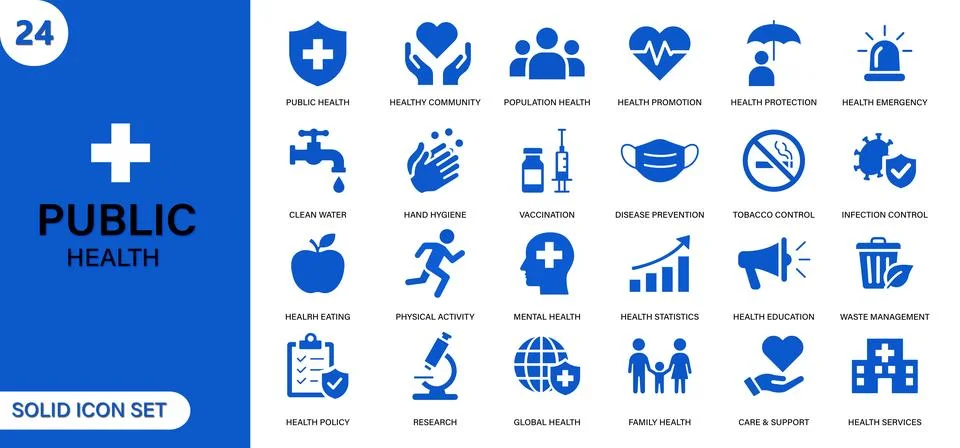 Public Health Solid Icon Set – Medical, Healthcare, Hygiene, Vaccination Stock Illustration