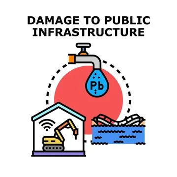 Public infrastructure damage concept with water pollution Ilustración de archivo