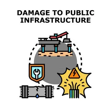 Public infrastructure experiencing damage and repair concepts Illustrazione stock