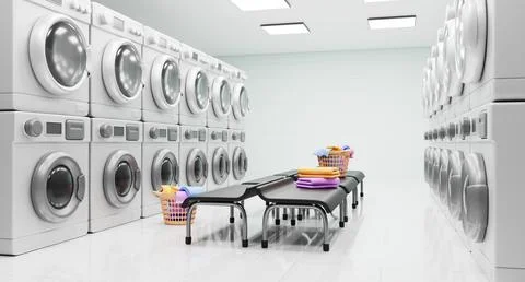 Public laundry room interior design. Self service laundromat with washer and Stock Illustration