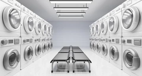 Public laundry room interior perspective. Render realistic laundromat with Illustrazione stock