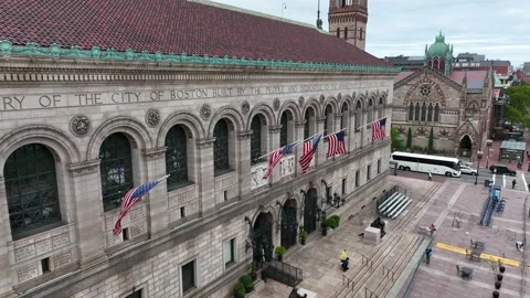 Public Library in Boston in Copley Square. Aerial establishing shot of Stock Footage 218363689