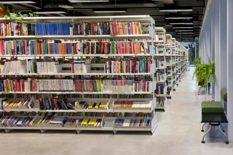 Public library interior with books, shelf and aisle in pärnu, estonia. books Stock Photos