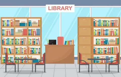 Public Library Interior Stack of Book on Bookshelf Flat Design 스톡 일러스트