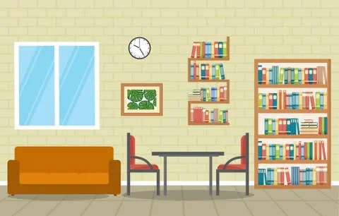 Public Library Interior Stack of Book on Bookshelf Flat Design Stock Illustration
