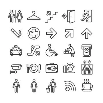 Public Navigation Signs Black Thin Line Icon Set. Vector Stock Illustration