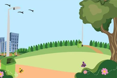 Public Park Background Set on a Summer Day with Open Sky Stock Illustration
